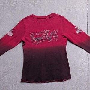 Stylish Women's Gradient Red Shirt. Brand Cowgirl Up Co. Diamond Bling Accents